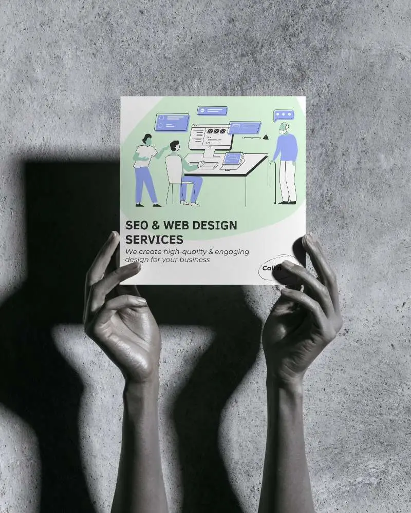 Hands Holding Square Brochure Mockup On Grunge Wall Background With Shadows