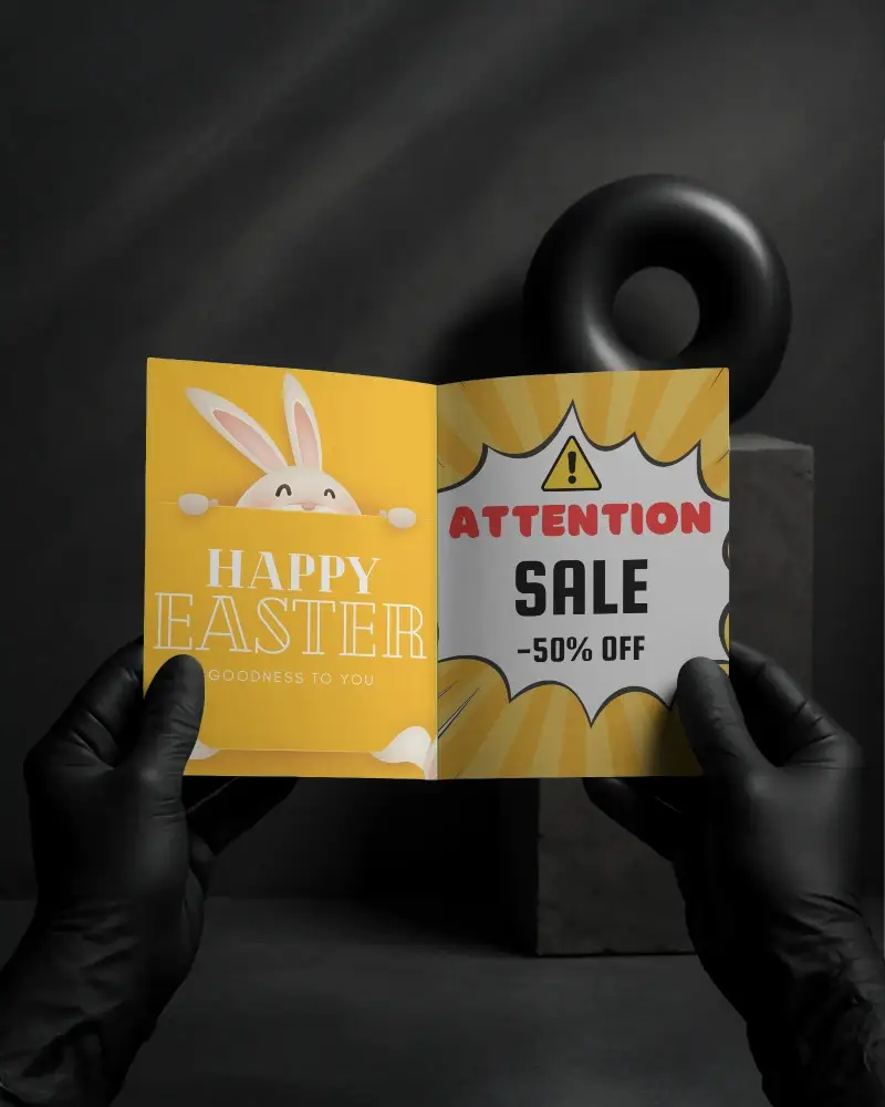 Square Brochure Mockup Opened In Black Gloved Hands Over Dark Geometric Background Strong Shadows Moody Lighting