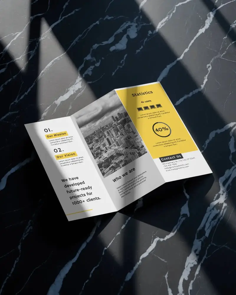 Modern Trifold Brochure Mockup On Marble Surface With Natural Light Shadow Play