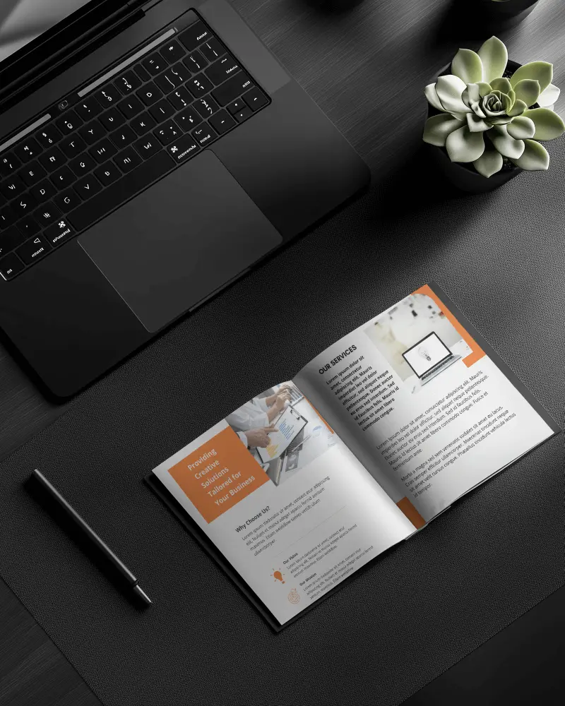 Top View Bifold Brochure Mockup On Dark Modern Desk With Laptop And Succulent Plant High End Corporate Branding