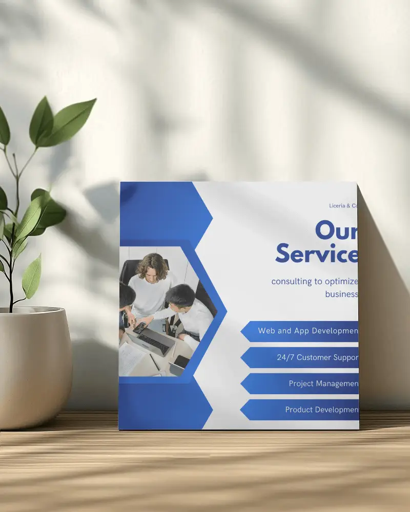 Square Standee Brochure Mockup Propped On Surface Against White Wall Soft Shadows Minimal Interior Decor Lighting
