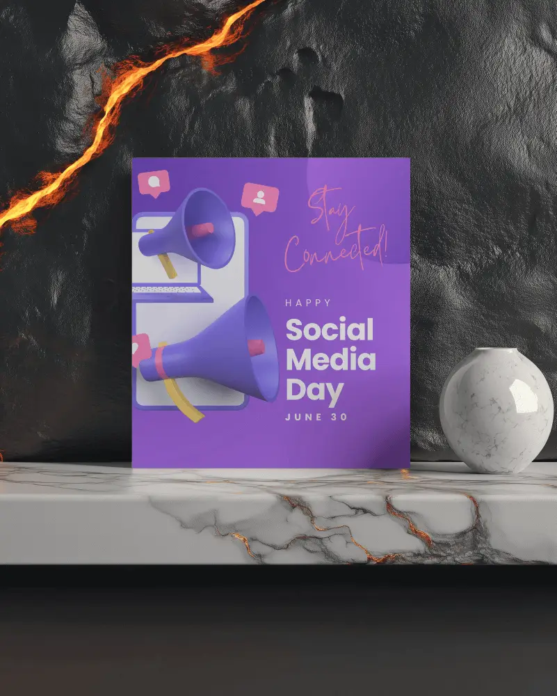 Square Brochure Mockup Placed On Marble Shelf Against Black Lava Textured Wall Vibrant