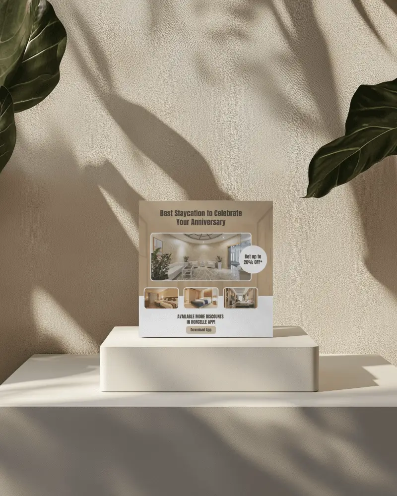 Square Brochure Mockup On Pedestal Against Beige Textured Wall Soft Shadow Leaf Overlay Minimal Luxury Staycation Promotion Elegant Hospitality Marketing Scene