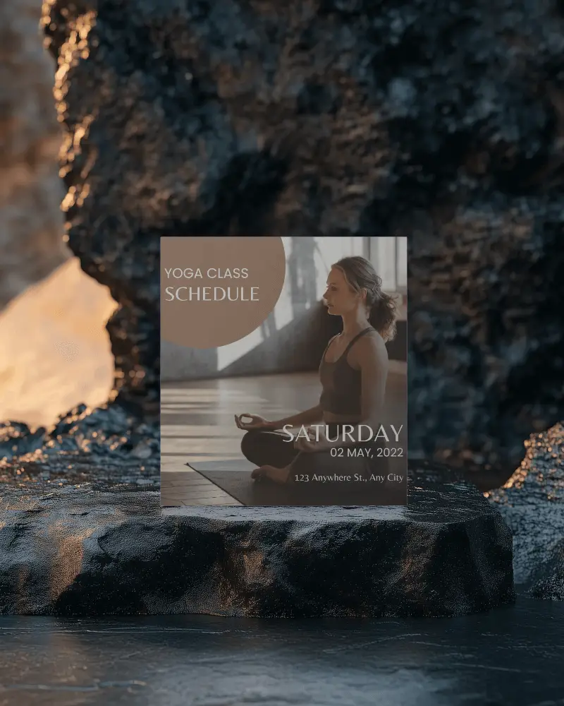 Square Brochure Mockup On Matte Stone Surface With Glowing Lava Backdrop Serene Yoga Class Promotion Dark Moody Natural Texture Marketing Design