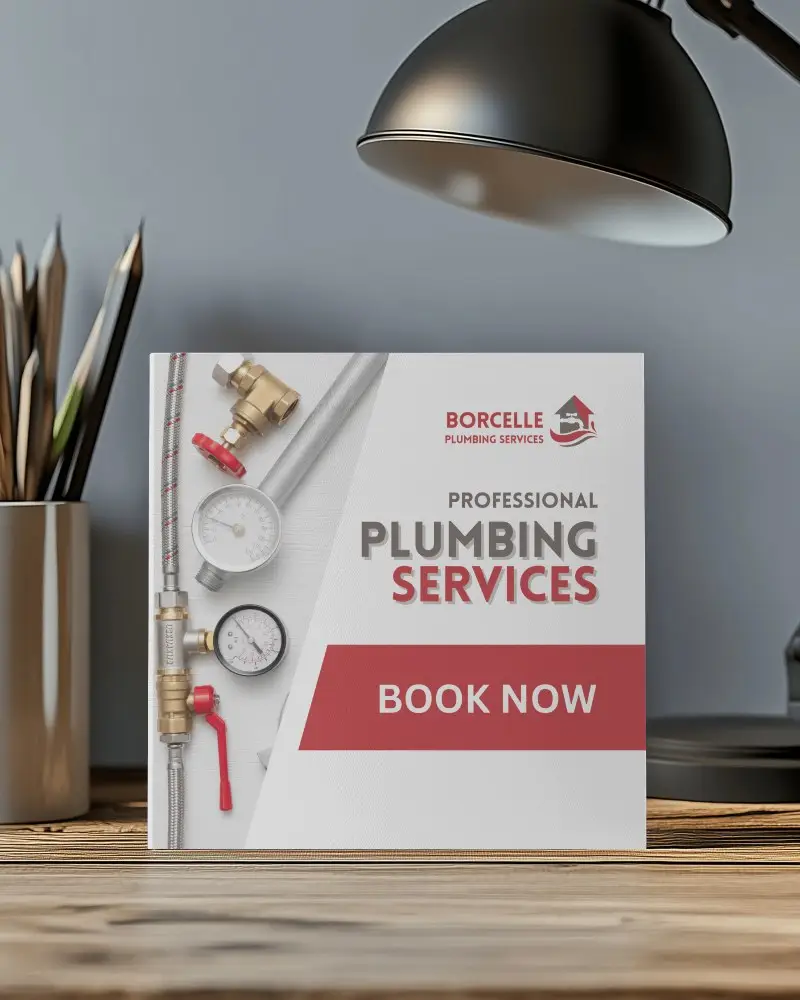 Square Brochure Mockup On Wooden Desk With Metal Lamp And Pencil Holder Modern Office Environment Soft Lighting Elegant Corporate Presentation Layout