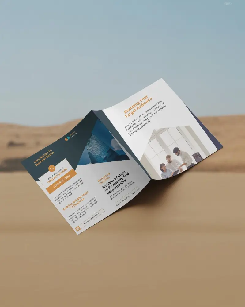 Bi Fold Brochure Mockup Placed On Smooth Sandy Surface Under Clear Natural Light Outdoor Scene Clean Corporate