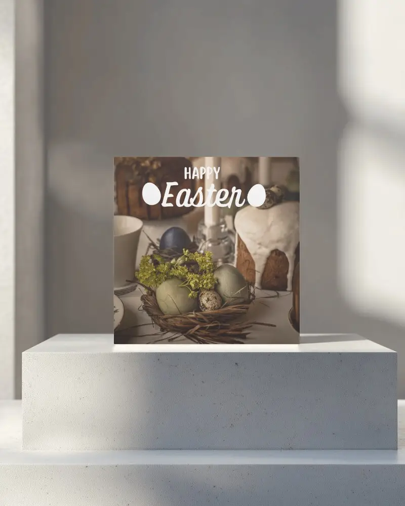 Square Brochure Mockup Standing On White Concrete Pedestal In Soft Sunlight Cozy Table Setting With Natural Shadows Minimal Elegant Holiday Presentation Scene