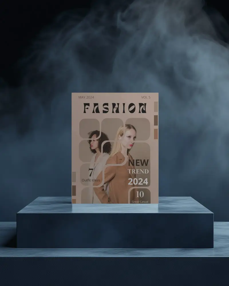 Brochure Mockup On Dark Blue Podium With Dramatic Smoke Background Stylish Minimal Editorial Scene