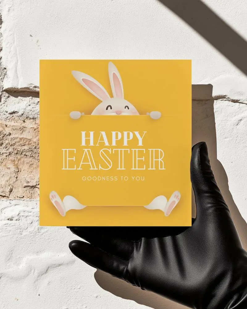 Square Hand Holding Brochure Mockup Black Glove Against White Brick Wall In Direct Sunlight Bold Contrast Shadows Minimal Modern Promotional Display Scene