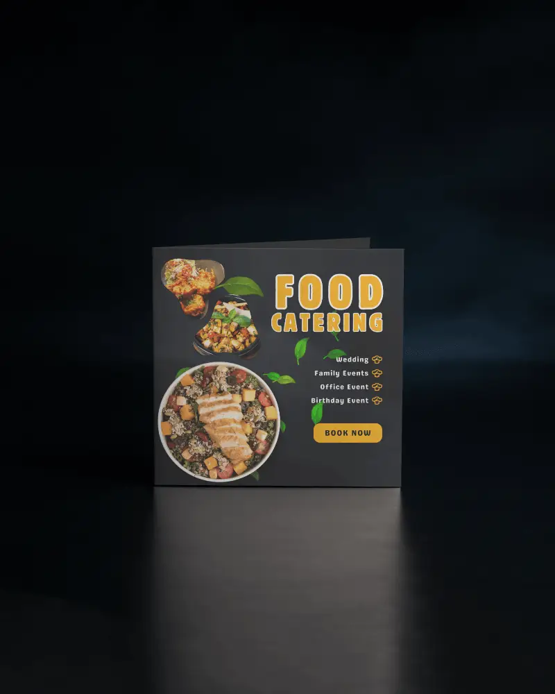 Square Folded Brochure Mockup Standing On Dark Surface With Subtle Spotlight Moody Backdrop Modern Food Service Presentation Clean Minimal Promotional Display