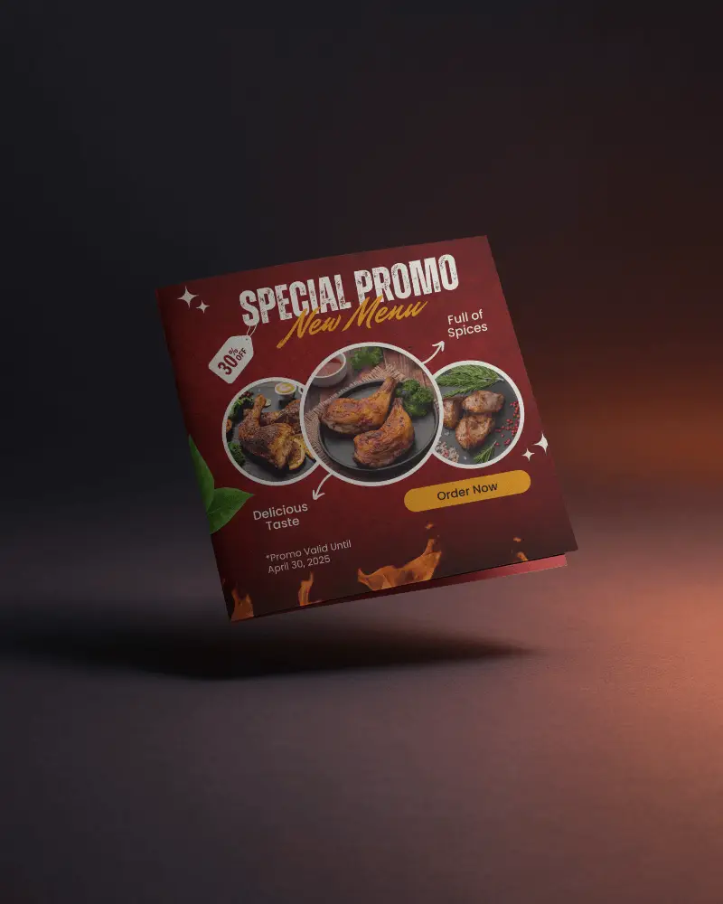 Square Brochure Mockup Tilted On Dark Surface With Warm Gradient Lighting Dramatic Shadow Effect Floating Promotional Scene For Modern Restaurant Or Food Branding