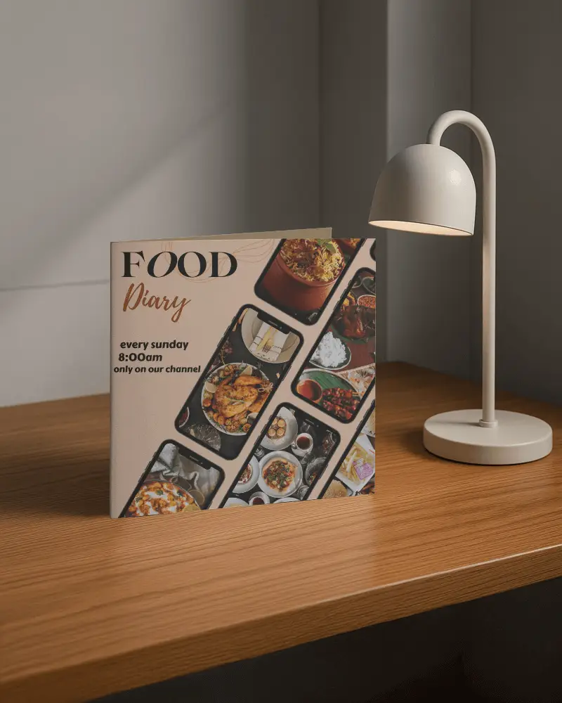 Square Folded Brochure Mockup Standing On Wooden Table Next To Modern Desk Lamp Soft Interior Lighting Cozy Minimal Scene Clean Promotional Display Setup