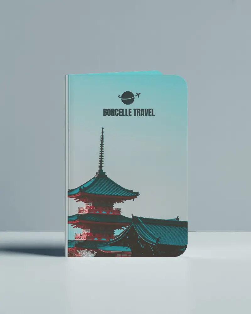 Vertical Rounded Corner Brochure Mockup Standing On Light Surface With Blue Background Clean Modern Presentation Soft Shadow Minimalistic Stationery Showcase
