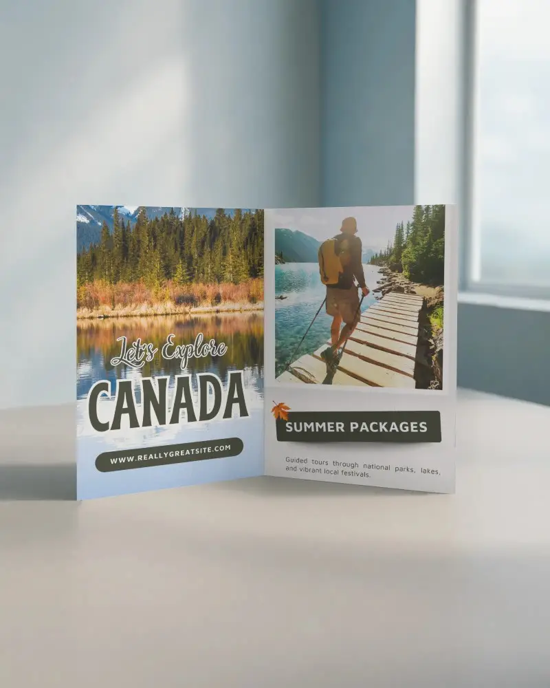 Brochure Mockup Standing On Flat Surface With Soft Window Lighting Clean Interior Background Minimalist Upright Display Modern Stationery Scene