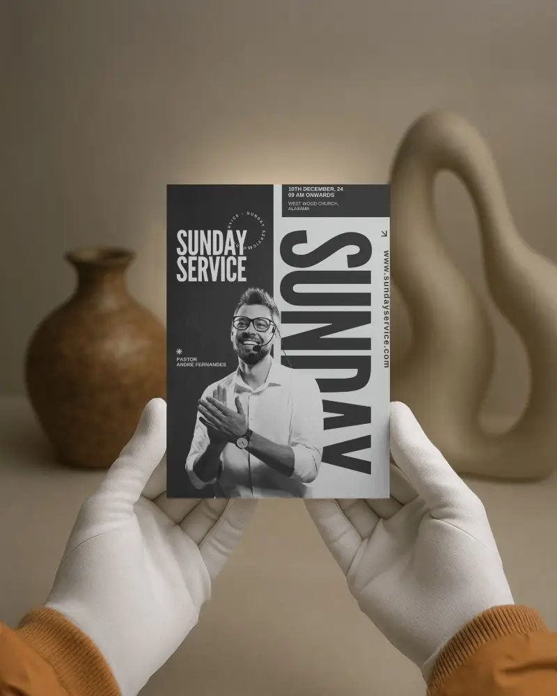 Hand Holding Brochure Mockup With White Gloves In Studio Setting Modern Sculptural Background Soft Lighting Minimal Neutral Promotional Display Scene