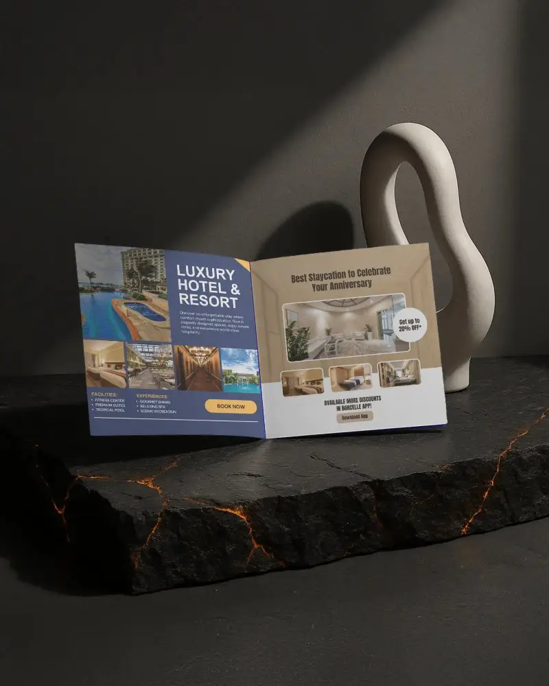 Open Square Brochure Mockup Placed On Dark Volcanic Textured Surface With Sculptural Background Soft Angled Lighting Premium Modern Promotional Display Scene