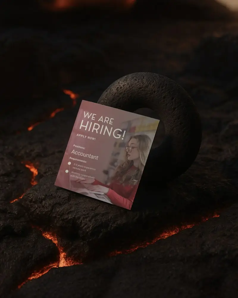 Square Brochure Mockup Leaning Against Black Stone Ring On Molten Lava Surface Dramatic Lighting With Glowing Cracks