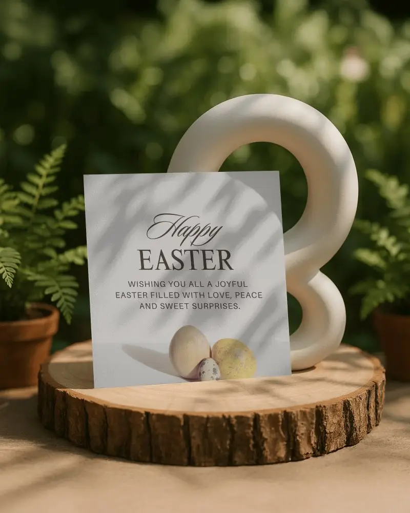 Square Brochure Mockup Placed On Wooden Slab In Natural Garden Setting With Ceramic Sculpture And Greenery Soft Daylight Organic Outdoor Promotional Display Scene