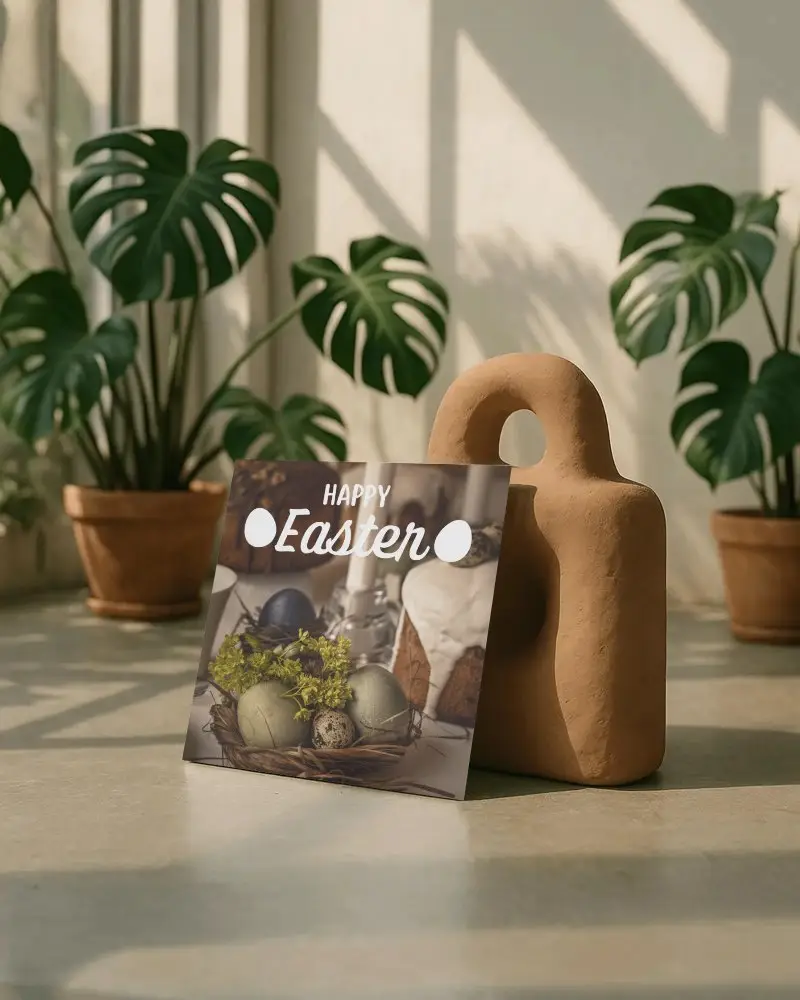 Square Brochure Mockup Leaning Against Earthy Sculpture On Sunlit Floor With Potted Greenery Soft Shadow Lines Natural Modern Promotional Display In Serene Setting