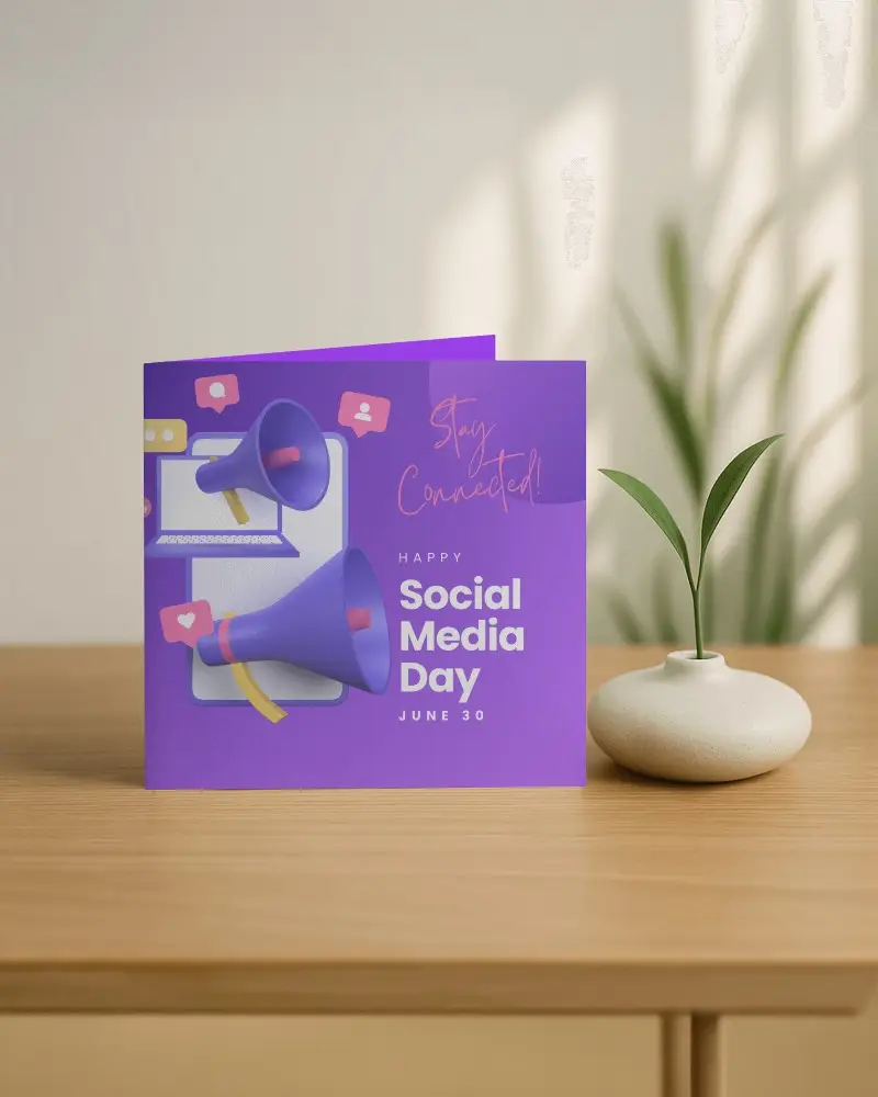 Square Folded Brochure Mockup Standing On Wooden Surface With Ceramic Vase And Soft Wall Lighting Cozy Modern Interior Minimal Promotional Display Scene