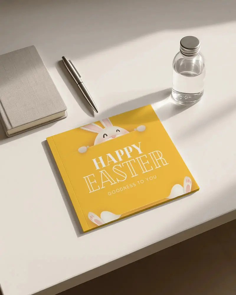 Square Brochure Mockup Placed On Minimal Desk Surface With Metal Pen Notebook And Glass Bottle Soft Natural Light Clean Office Stationery Presentation Scene