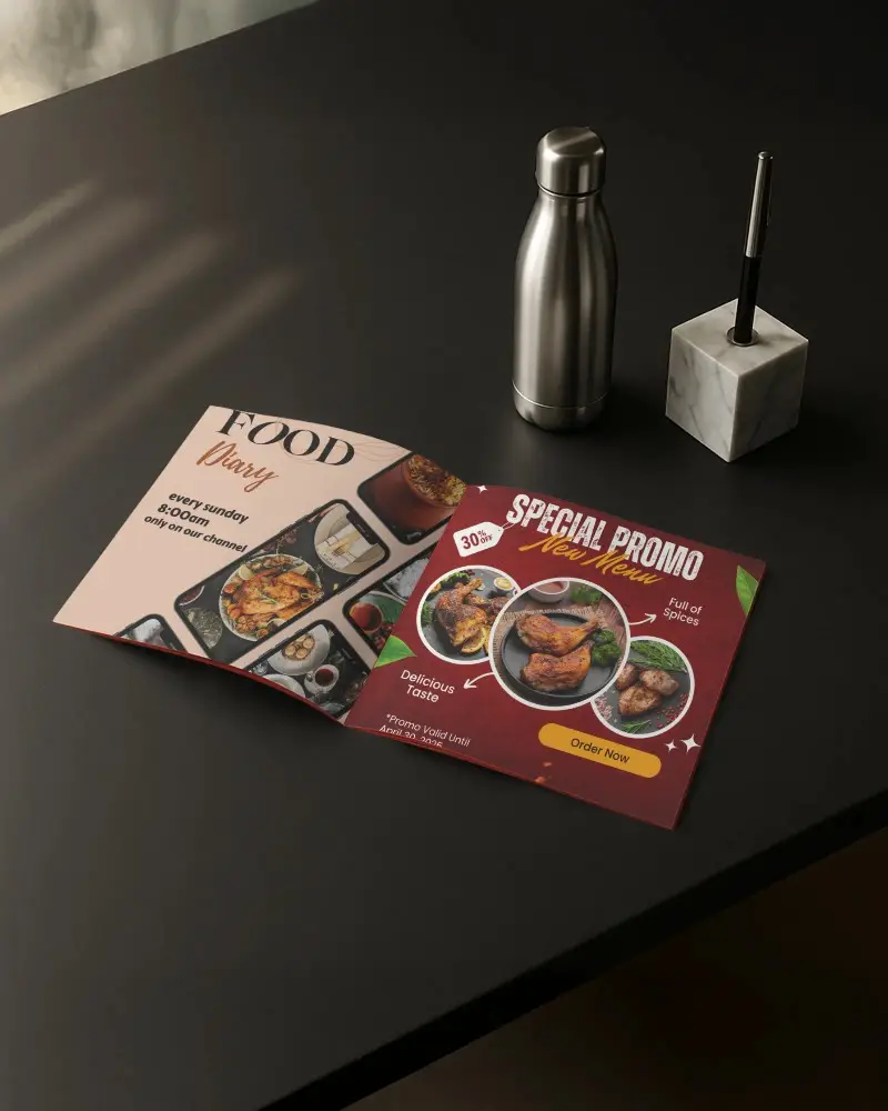 Open Square Brochure Mockup On Dark Desk Surface With Metal Bottle And Marble Pen Holder Soft Lighting Modern Office Stationery Display Clean Minimal Scene