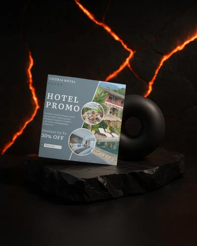 Angled Square Brochure Mockup On Black Rock Pedestal With Fiery Background Hotel Themed Promotional Display Luxury Modern Advertising Scene