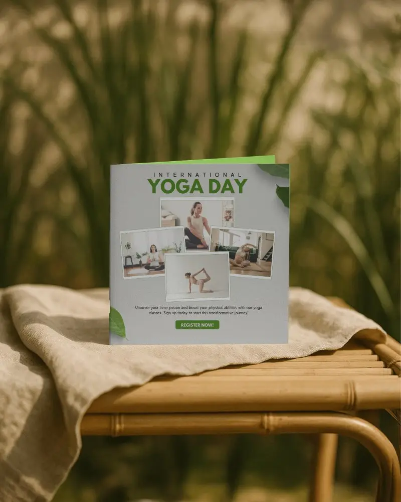 Square Yoga Day Brochure Mockup On Rustic Bamboo Bench With Natural Linen And Blurred Greenery Background Calm Organic Wellness Promotion Display