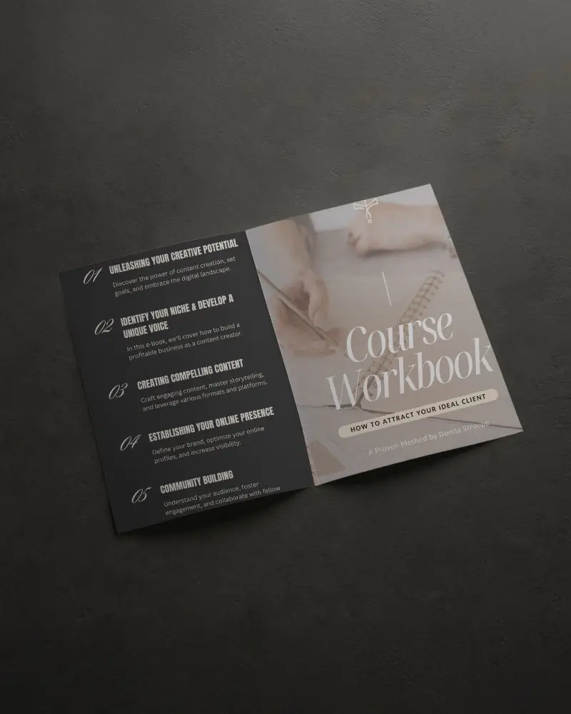 Brochure Mockup Opened On Dark Textured Surface Showing Course Workbook Layout With Modern Typography And Clean Layout For Professional Branding