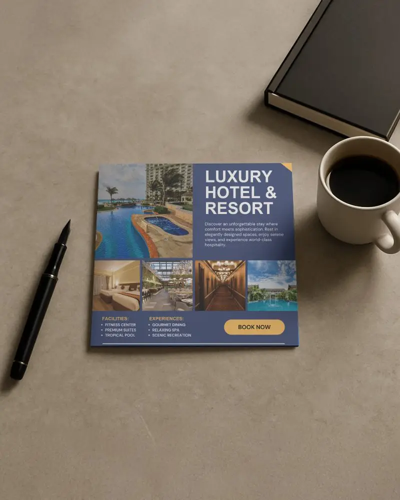 Square Brochure Mockup On Beige Desk With Pen Coffee Cup And Book Showcasing Luxury Hotel And Resort Promotion With Modern Layout And Premium Hospitality Highlights