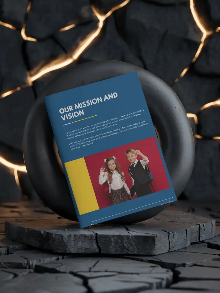 Brochure Mockup Angled On Volcanic Black Rock Surface With Illuminated Crack Lines And Round Support Ring Creative Dark Display Setting