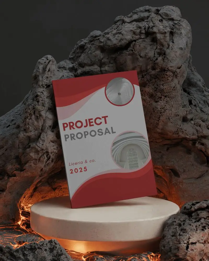 Vertical Brochure Mockup Standing On Glowing Stone Pedestal Surrounded By Volcanic Rocks In Fiery Display Environment