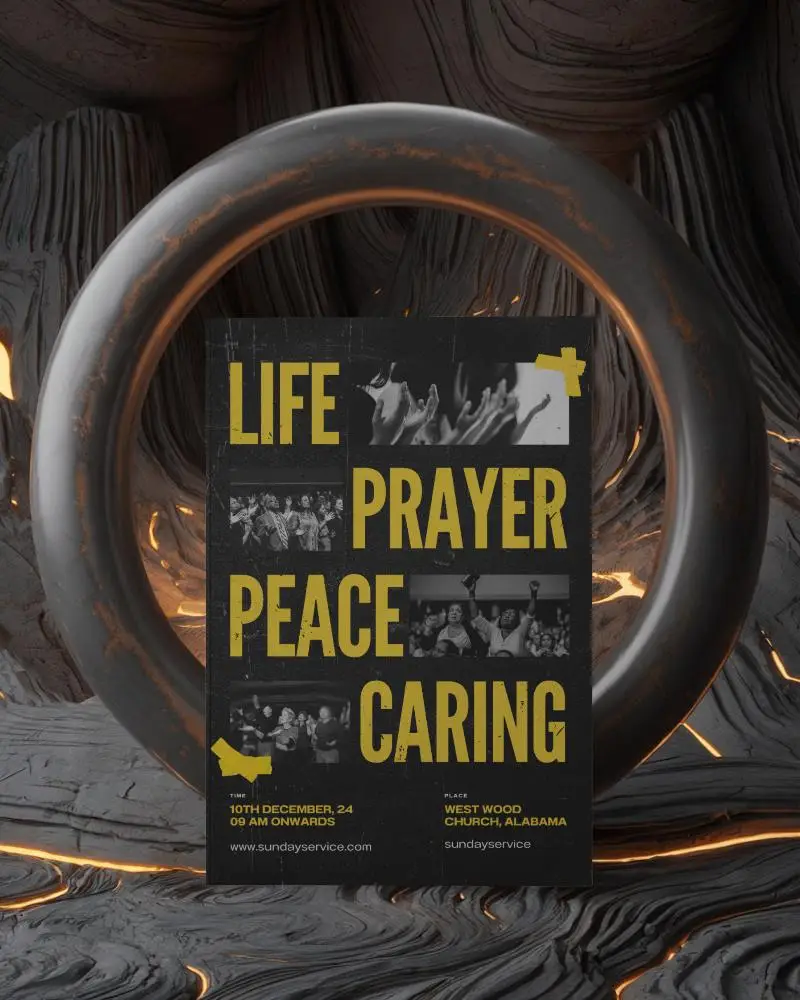 Front Facing Vertical Brochure Mockup Balanced In Metallic Ring Against Dark Charcoal Swirled Backdrop With Glowing Molten Accents And Soft Light Contrast