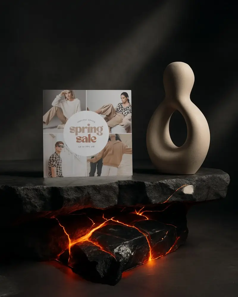 Square Brochure Mockup On Dark Charcoal Surface With Molten Rock Effects And Decorative Sculpture In Soft Directional Lighting