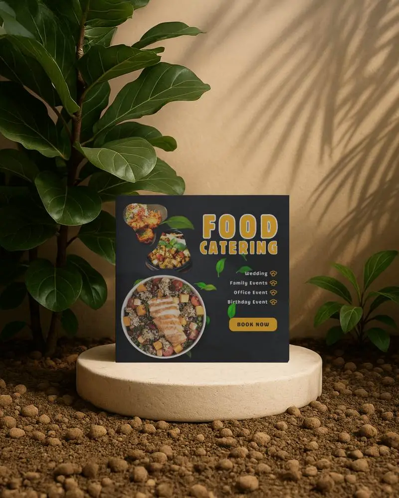 Square Brochure Mockup On Natural Soil Platform With Soft Sunlight And Leafy Plants In Organic Earthy Scene For Promotional Display