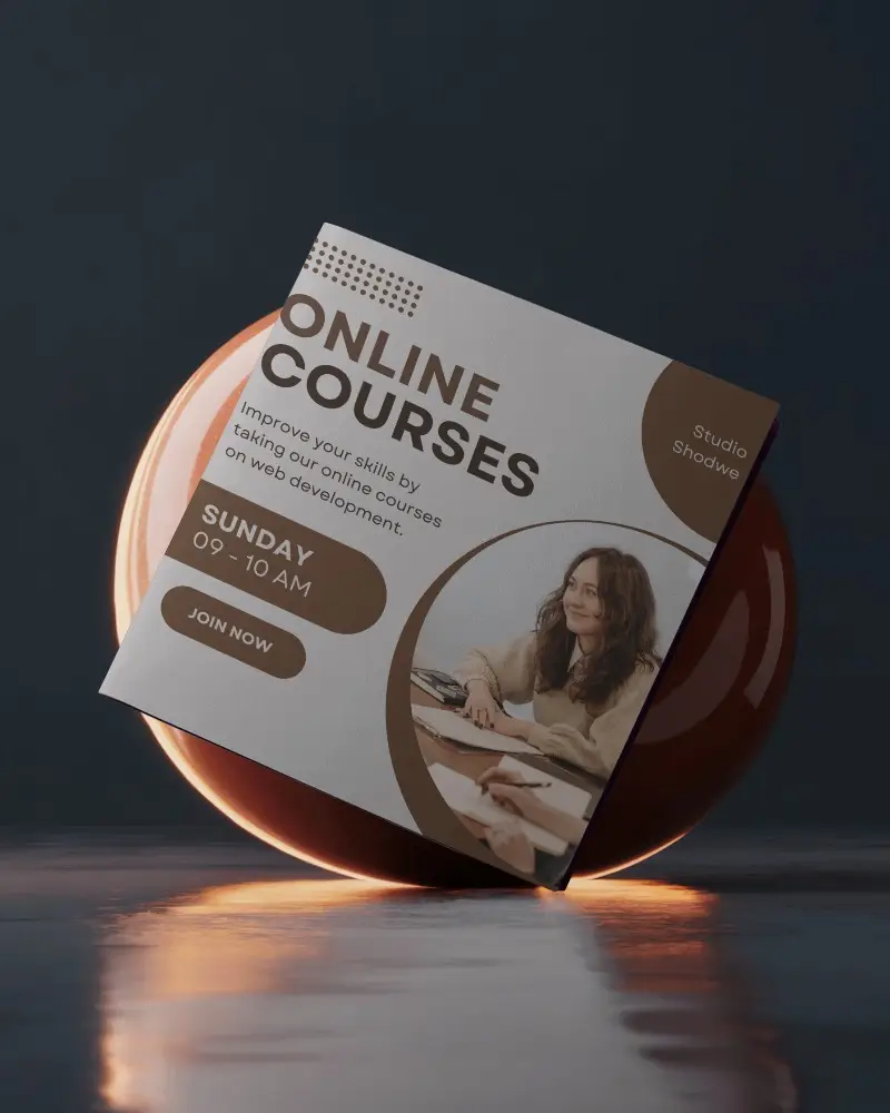 Floating Square Brochure Mockup Against Dark Background With Reflective Floor And Warm Glow Light For Modern Course Promotion Display