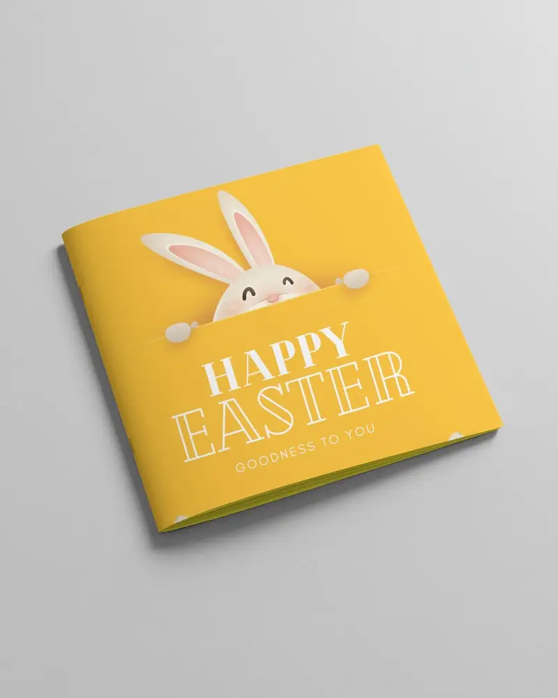 Flat Square Brochure Mockup On Light Gray Background With Top View Angle Showcasing Front Cover In Minimal Easter Theme Layout