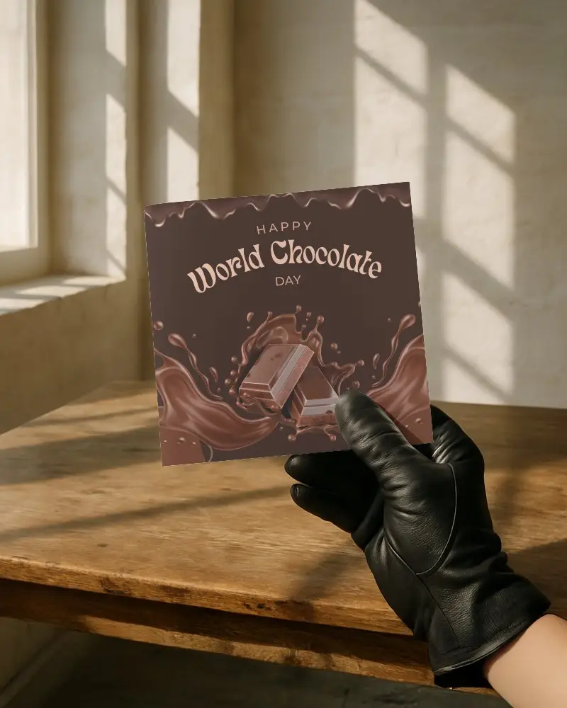 Square Brochure Mockup Hand Holding In Sunlit Wooden Interior With Gloved Hand And Soft Shadow Lighting