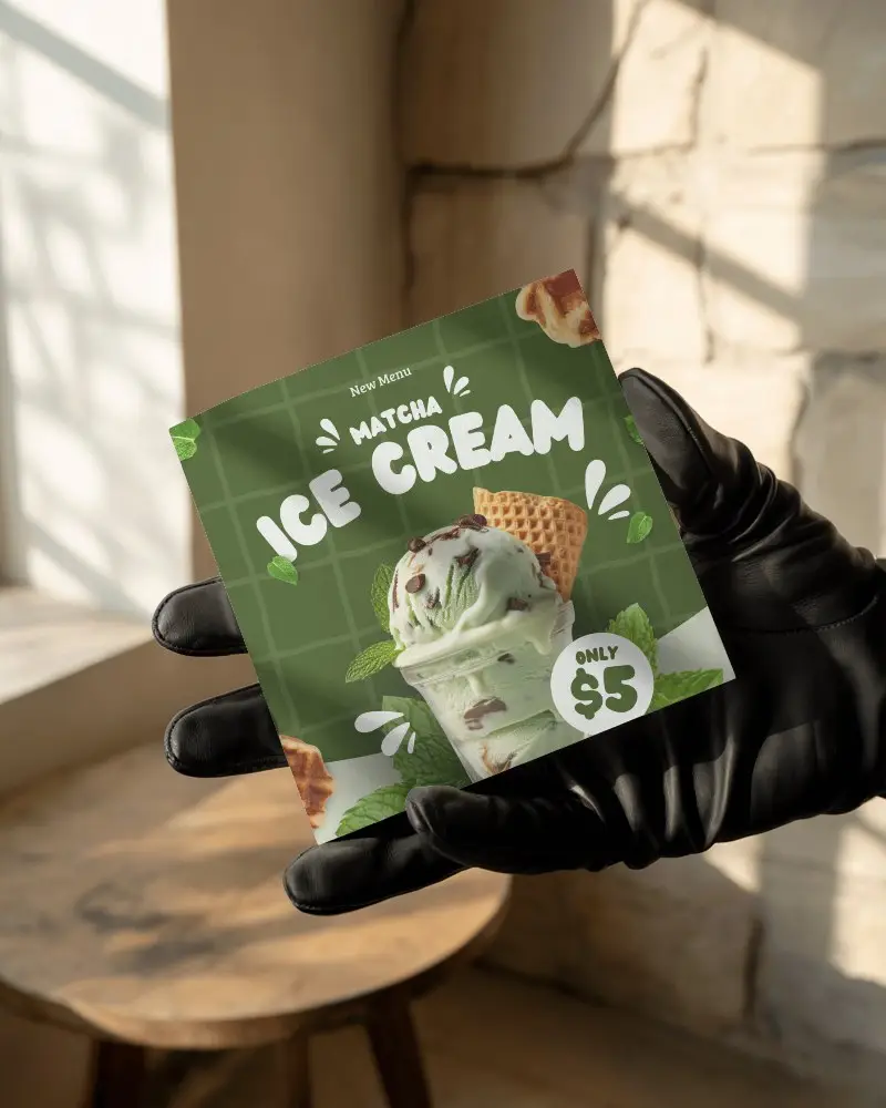 Square Brochure Mockup Held By Gloved Hand In Sunlit Interior With Textured Stone Wall And Wooden Table Background