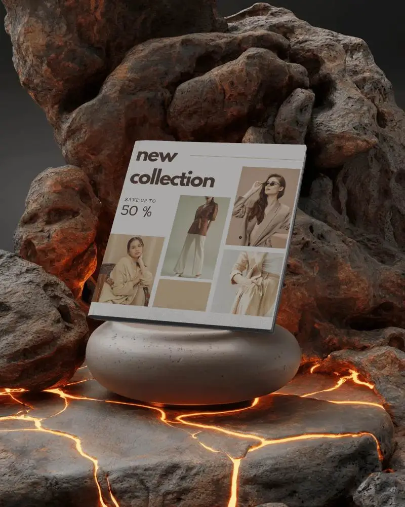 Square Brochure Mockup Standing On Ceramic Base Amidst Lava Rocks And Glowing Cracks In A Dramatic Dark Environment