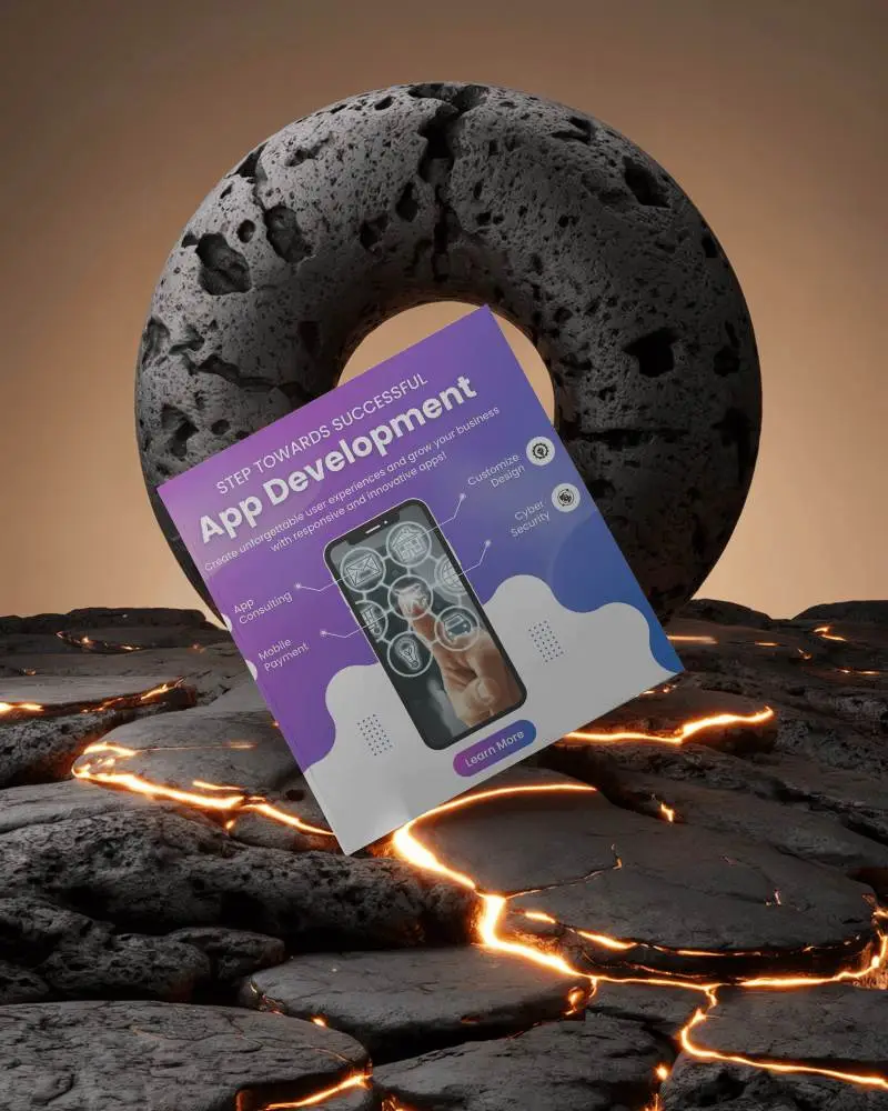 Square Brochure Mockup Leaning On Volcanic Stone Ring Above Molten Lava Floor In A Fiery Themed Scene