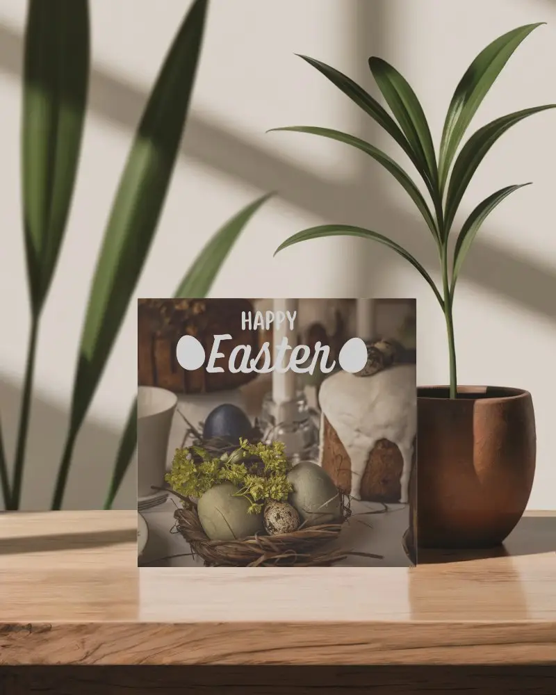 Square Brochure Mockup Standing On Wooden Surface With Sunlight And Potted Plant Shadows In Bright Natural Interior