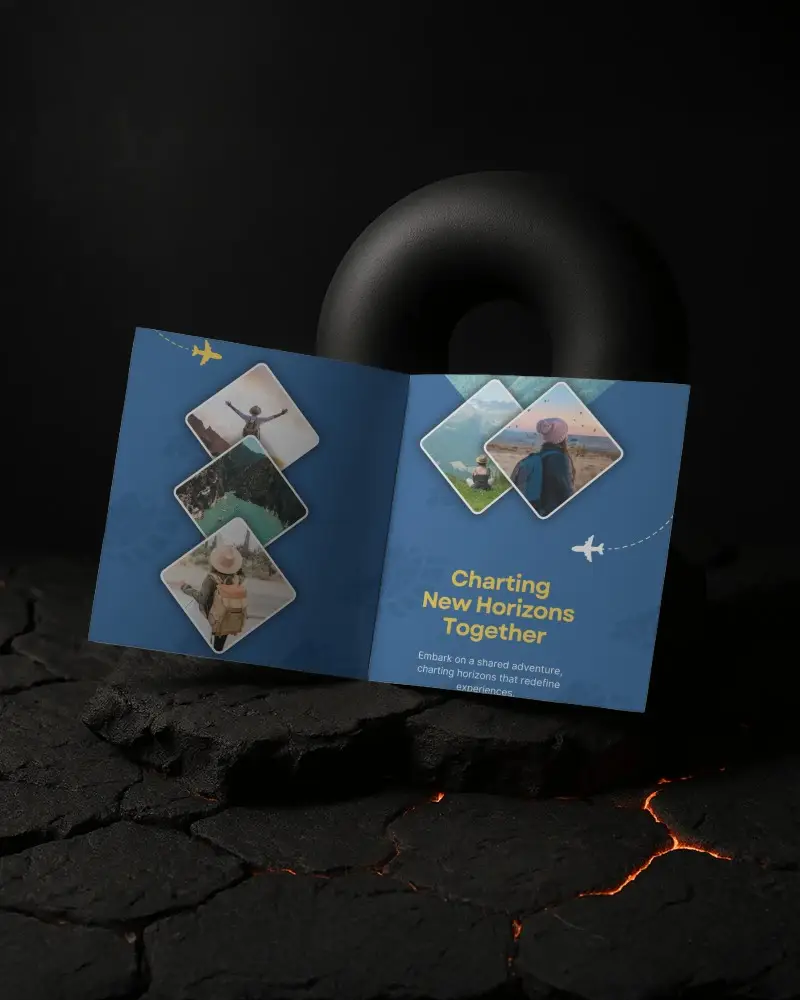 Open Brochure Mockup Held By Gloved Hands Against Dark Studio Background Minimal Modern Presentation View