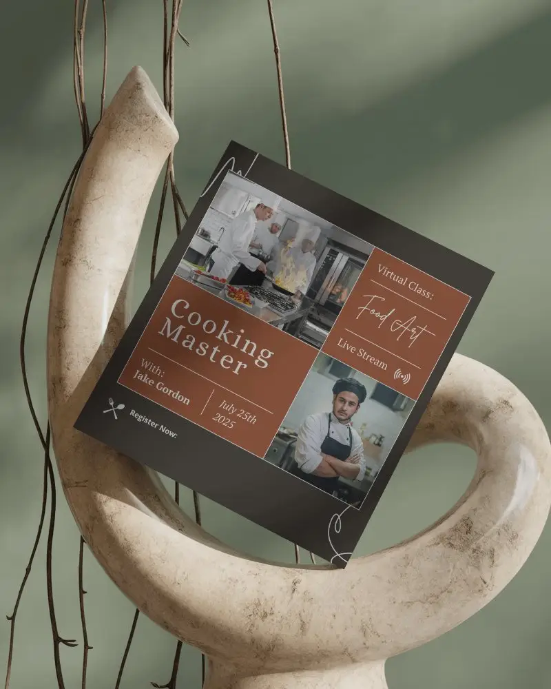 Elegant Square Brochure Mockup Leaning On Sculptural Stand With Soft Green Background For Virtual Cooking Class Promotion