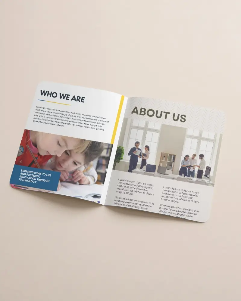 Flat Lay Open Brochure Mockup On Light Beige Background Top View Showing Inside Pages Symmetrical And Minimalistic Layout