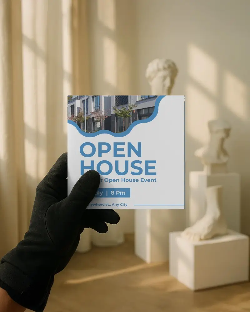 Square Brochure Mockup Hend Holding Gloved Hand In Art Gallery Setting Soft Natural Lighting With Sculptures In Background