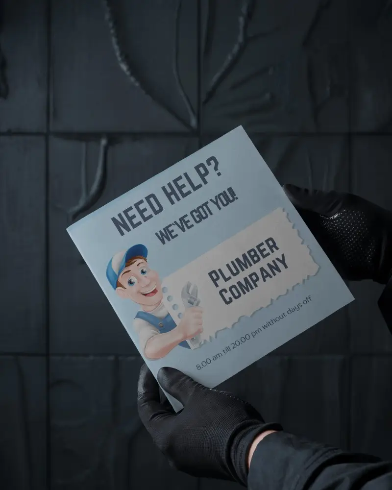 Square Brochure Mockup Hand Holding Promotional Leaflet In Front Of Dark Wall Background For Plumbing Services Branding