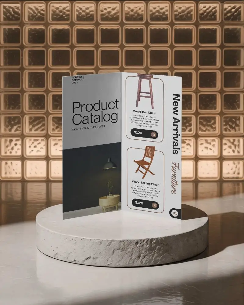 Minimalistic Brochure Stand In Arched Fold Position On Stone Pedestal 0332