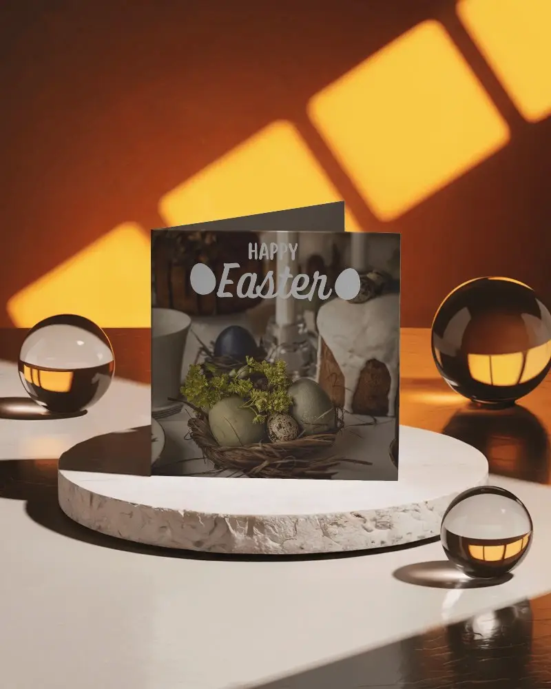 Square Brochure Mockup On Marble Pedestal With Glass Spheres Promotional Print Design 0338