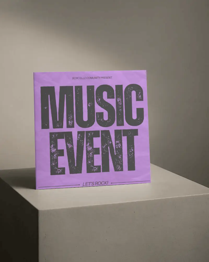 Square Brochure Mockup Standing On Concrete Pedestal In Soft Natural Light With Neutral Wall Background Clean Minimalistic Blank Presentation For Modern Branding